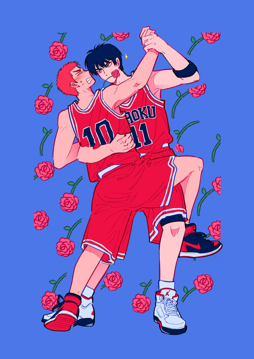2boys, basketball_jersey, basketball_uniform, black_eyes, black_hair, blue_background, blush, couple, dancing, flower, flower_in_mouth, full_body, hand_on_another's_arm, hand_on_another's_waist, heduel, highres, holding_hands, leg_on_another's_leg, looking_at_another, male_focus, multiple_boys, red_flower, red_hair, red_rose, red_shorts, red_tank_top, rose, rukawa_kaede, sakuragi_hanamichi, shoes, short_hair, shorts, slam_dunk_(series), sneakers, sportswear, sweatdrop, tango, tank_top, toned, toned_male, white_footwear, yaoi