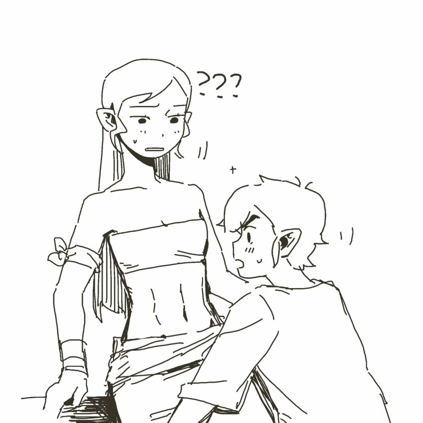 ?, ??, abs, aged_up, bandaged_arm, bandaged_wrist, bandages, blush, breasts, cleavage, collarbone, hair_down, highres, link, long_hair, looking_at_breasts, looking_at_stomach, navel, nintendo, open_mouth, pants, pointy_ears, senzo6700, shirt, short_hair, short_sleeves, sidelocks, small_breasts, strapless, sweatdrop, tetra, the_legend_of_zelda, the_legend_of_zelda:_phantom_hourglass, the_legend_of_zelda:_the_wind_waker, toned, toned_female, tube_top, undressing