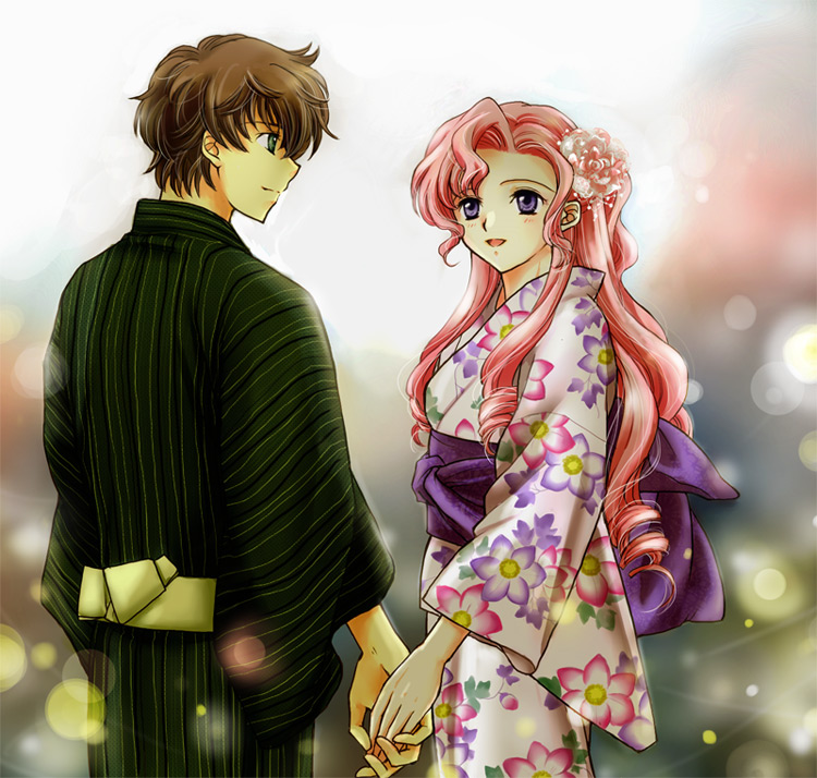 1boy, 1girl, brown_hair, code_geass, couple, euphemia_li_britannia, flower, green_eyes