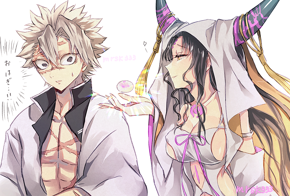 1boy, 1girl, @_@, black_eyes, black_hair, black_horns, black_shirt, breasts