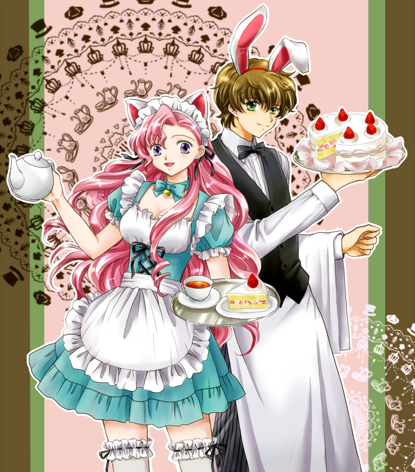 1boy, 1girl, animal_ears, apron, bell, black_ribbon, bow, bowtie