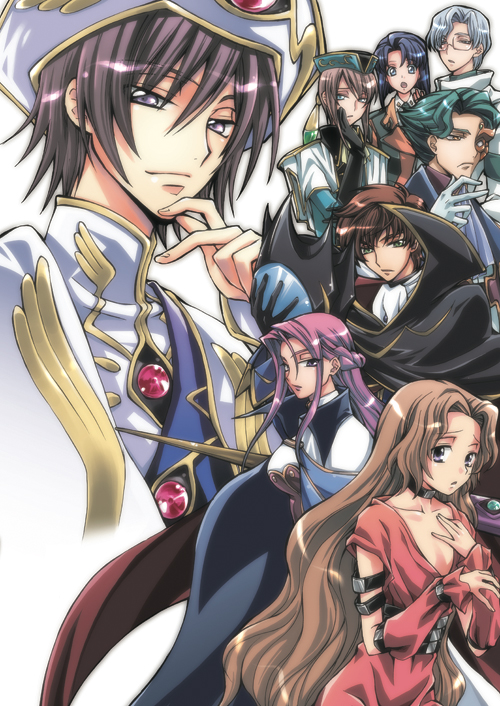 3girls, 5boys, armband, black_hair, blue_eyes, blue_hair, brown_hair, cape