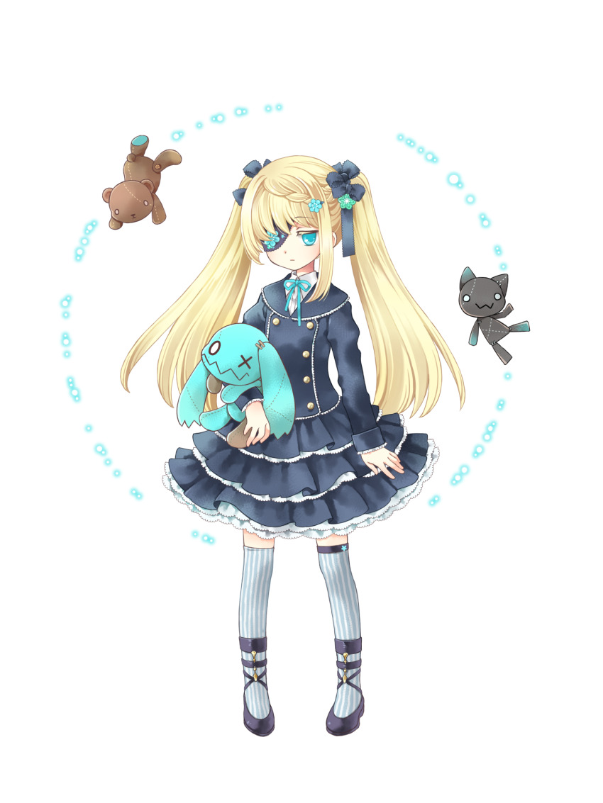 1girl, black_footwear, blonde_hair, blue_eyes, bow, dairoku_ryouhei, dress, eyepatch, flower, full_body, hair_flower, hair_ornament, highres, holding, holding_stuffed_toy, kotori_popo, long_hair, long_sleeves, looking_at_viewer, lucy_bluebell, solo, standing, striped_clothes, striped_thighhighs, stuffed_animal, stuffed_cat, stuffed_toy, teddy_bear, thighhighs, transparent_background, twintails