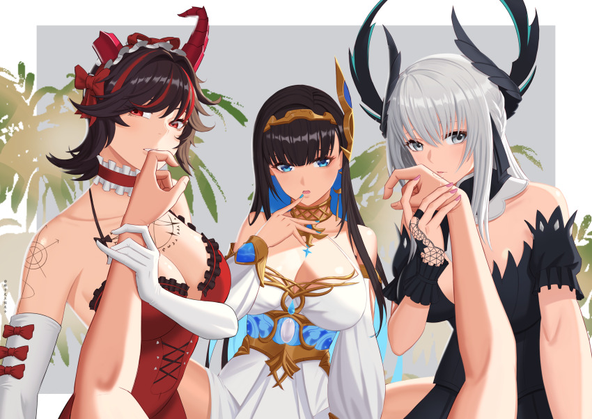 1boy, 3girls, absurdres, arm_tattoo, armlet, biting_another's_finger, black_collar, black_dress, black_hair, blue_eyes, blue_hair, blue_nails, bracelet, breast_tattoo, breasts, broken_horn, choker, cleavage, collar, colored_inner_hair, commandant_(pgr), demon_horns, detached_collar, detached_sleeves, dress, earrings, elbow_gloves, feather_hair_ornament, feathers, frilled_choker, frilled_hairband, frills, gloves, grey_eyes, grey_hair, hair_ornament, hairband, highres, holding_another's_arm, horns, jewelry, large_breasts, liv:_empyrea_(dreamcatcher)_(pgr), liv:_empyrea_(pgr), liv_(pgr), long_hair, long_sleeves, lucia:_plume_(pgr), lucia:_plume_(vermillion_bargain)_(pgr), lucia_(pgr), maid_headdress, multicolored_hair, multiple_girls, official_alternate_costume, official_alternate_hair_length, official_alternate_hairstyle, parted_bangs, punishing:_gray_raven, red_choker, red_dress, red_eyes, red_hair, red_hairband, red_horns, red_ribbon, ribbon, ribbon-trimmed_elbow_gloves, selena:_tempest_(aria_of_nymph)_(pgr), selena_(pgr), short_sleeves, sidelocks, skaven_gongcheng_shushi, streaked_hair, tattoo, tiara, very_long_hair, white_dress, white_gloves, white_sleeves, wing_hair_ornament