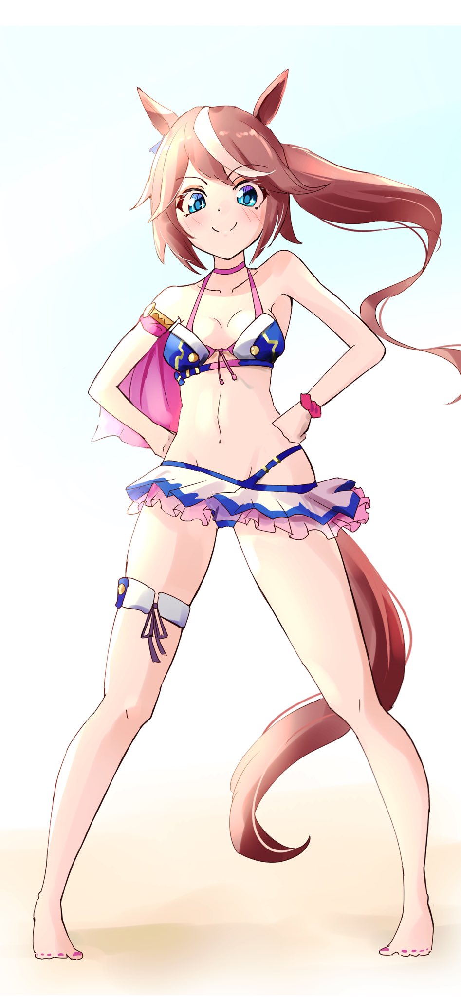 1girl, alternate_costume, animal_ears, bikini, blue_bikini, blue_eyes, breasts, brown_hair, collarbone, commentary, front-tie_bikini_top, front-tie_top, full_body, hair_between_eyes, hands_on_own_hips, highres, horse_ears, horse_girl, horse_tail, kyabetsuman, long_hair, looking_at_viewer, medium_breasts, multicolored_hair, nail_polish, navel, pink_nails, ponytail, scrunchie, smile, solo, stomach, streaked_hair, swimsuit, tail, thigh_strap, toenail_polish, toenails, tokai_teio_(umamusume), umamusume, white_hair, wrist_scrunchie