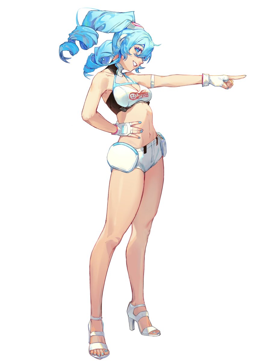 1girl, absurdres, armband, bare_arms, bare_legs, bare_shoulders, blue_eyes, blue_hair, blue_nails, breasts, cleavage, collarbone, detached_collar, drill_hair, fanny_pack, fingerless_gloves, fingernails, full_body, gloves, goggles, goggles_on_head, goodsmile_company, goodsmile_racing, grin, hair_between_eyes, halterneck, hand_on_own_hip, hatsune_miku, head_tilt, high_heel_sandals, high_heels, highres, index_finger_raised, kako_(pixiv77158173), legs, light_blush, long_legs, looking_at_viewer, medium_breasts, micro_shorts, midriff, navel, outstretched_arm, pointing, racing_miku, sandals, shorts, sidelocks, sideways_glance, simple_background, smile, solo, standing, strapless, toenails, tube_top, twin_drills, vocaloid, white_armband, white_background, white_gloves, white_sandals, white_shorts, white_tube_top