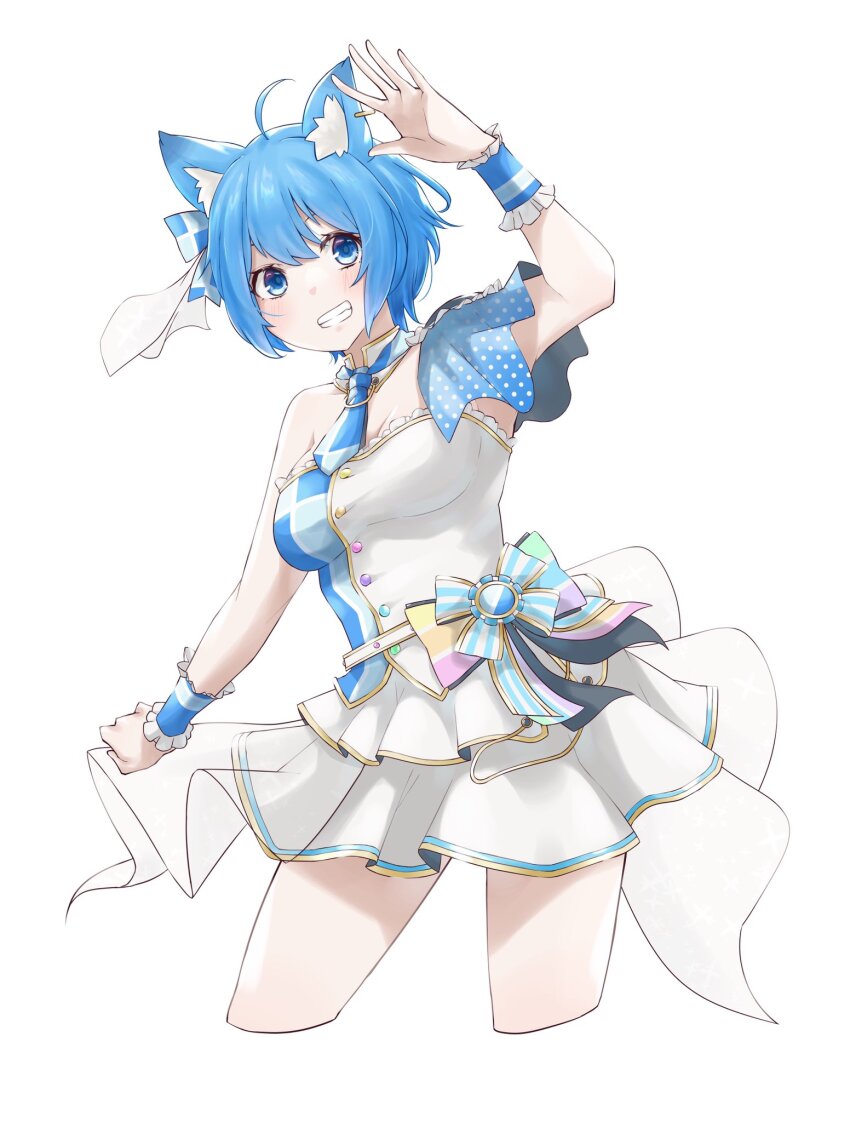 1girl, ahoge, animal_ear_fluff, animal_ears, animare_stage_costume, belt, blue_bow, blue_eyes, blue_hair, blue_necktie, blush, bow, breasts, cleavage, commentary_request, cowboy_shot, cropped_legs, dog_ears, dog_girl, epaulettes, frilled_shirt, frills, grin, highres, looking_at_viewer, lovermoonlight, medium_breasts, nanashi_inc., necktie, official_alternate_costume, shirt, short_hair, short_necktie, simple_background, single_epaulette, skirt, smile, solo, souya_ichika, strapless, strapless_shirt, striped_bow, virtual_youtuber, waist_bow, white_background, white_belt, white_bow, white_shirt, white_skirt, wrist_cuffs