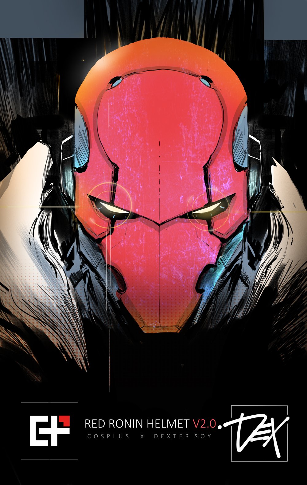 1boy, batman_(series), black_background, dc_comics, dexter_soy, glowing, glowing_eyes, helmet