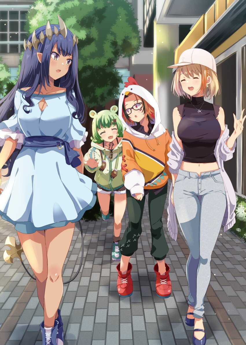 4girls, absurdres, animal_ears, baseball_cap, bear_ears, black-framed_eyewear, black_footwear, black_hair