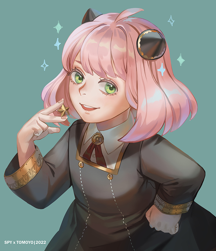 1girl, anya_(spy_x_family), black_dress, child, collared_shirt, deng_deng, dress, eden_academy_school_uniform