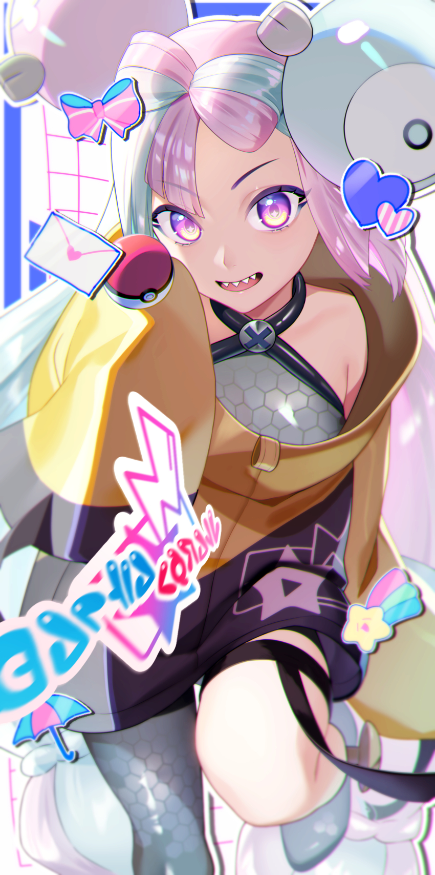 1girl, :d, absurdres, bow-shaped_hair, character_hair_ornament, commentary_request, envelope, green_hair