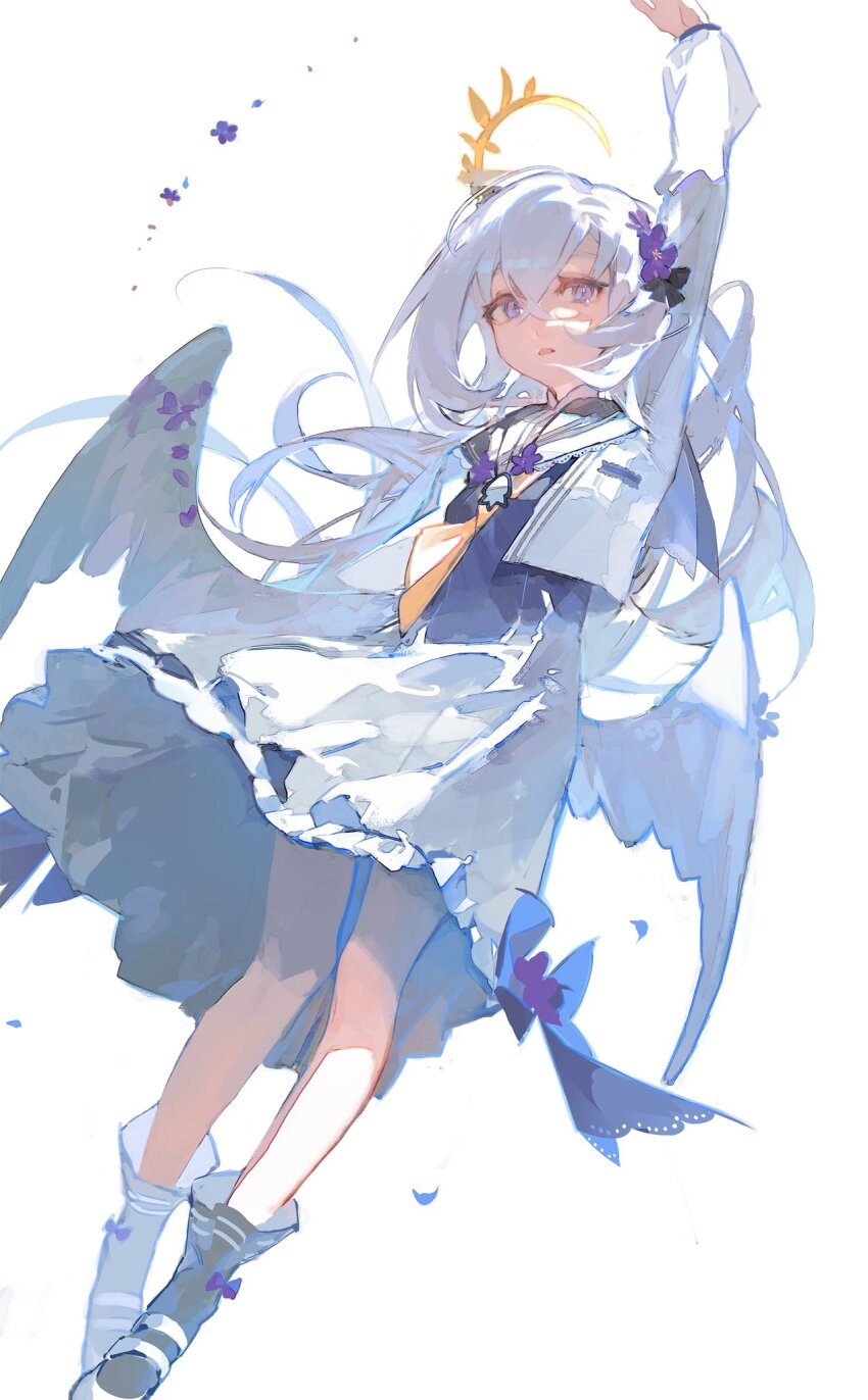 1girl, angel_wings, azusa_(blue_archive), black_boots, black_dress, blue_archive, boots, crescent_halo