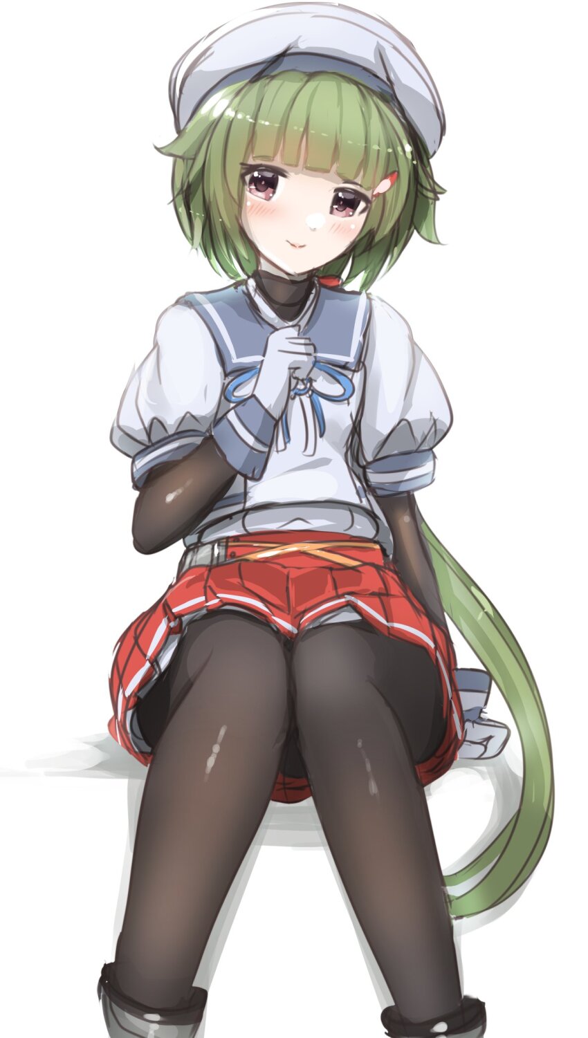 1girl, black_pantyhose, blue_sailor_collar, feet_out_of_frame, gloves, green_hair, hat, highres