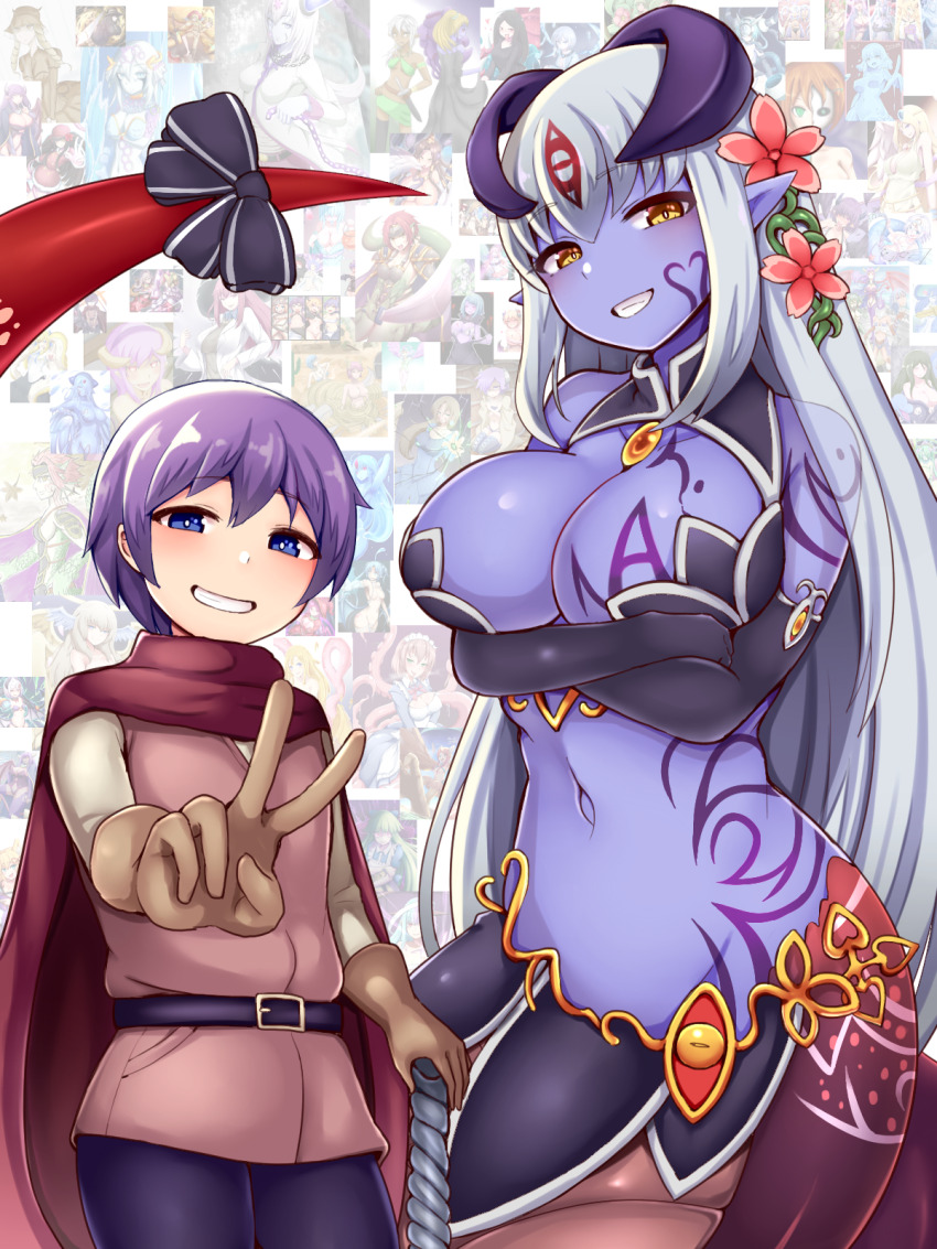 1boy, 1girl, alipheese_fateburn_xvi, angel_halo_(mon-musu_quest!), artist_self-reference, belt, black_pants, black_ribbon, blue_eyes, blush, breast_tattoo, breasts, brown_gloves, brown_tunic, brown_vest, cape, cleavage, colored_skin, commentary_request, crossed_arms, elbow_gloves, eye_tattoo, facial_tattoo, flower, gloves, grin, hair_between_eyes, hair_flower, hair_ornament, highres, horns, jewelry, lamia, large_breasts, long_hair, looking_at_viewer, luka_(mon-musu_quest!), mon-musu_quest!, monster_girl, navel, pants, planted, planted_sword, planted_weapon, pointy_ears, purple_hair, purple_skin, raichi_(ddq0246), red_cape, ribbon, shirt, short_hair, smile, sword, tail, tail_ornament, tail_ribbon, tattoo, teeth, tunic, v, very_long_hair, vest, weapon, white_hair, white_shirt, yellow_eyes