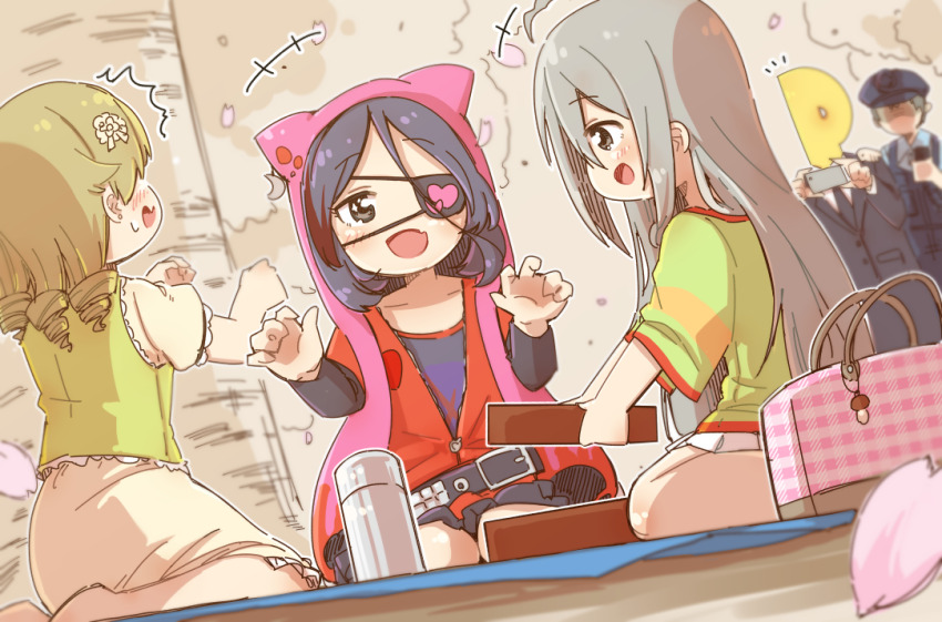 +++, 1boy, 1other, 3girls, :d, ^^^, ahoge, black_jacket