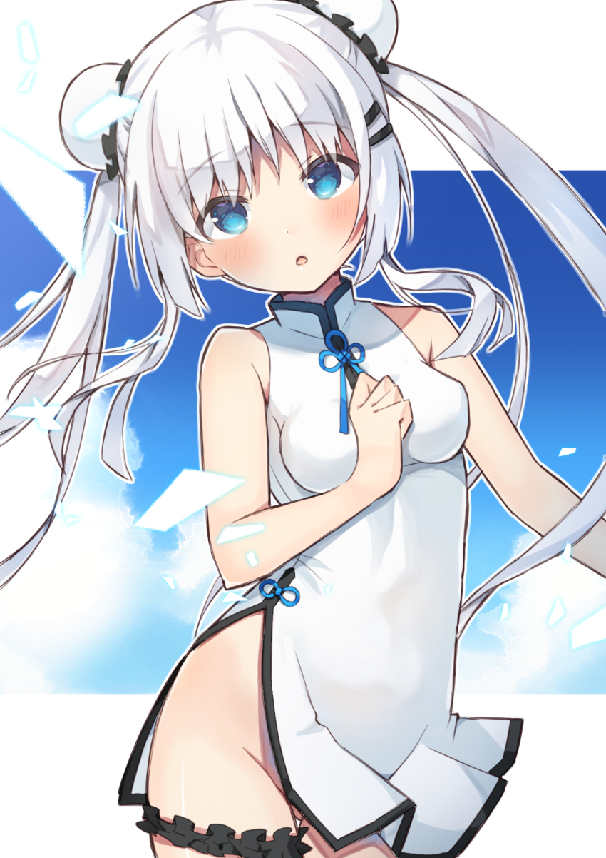 1girl, alternate_costume, alternate_hairstyle, bare_arms, between_breasts, blue_eyes, blue_sky, blunt_ends, blush, border, breasts, china_dress, chinese_clothes, clothing_cutout, commentary_request, commission, cowboy_shot, double_bun, dress, eyelashes, floating_hair, groin, hair_between_eyes, hair_bun, hair_ornament, hairclip, hand_up, haruchimo, head_between_breasts, highres, hip_vent, impossible_clothes, long_hair, looking_at_viewer, medium_breasts, naruse_shiroha, no_panties, open_mouth, sidelocks, skeb_commission, sky, sleeveless, sleeveless_dress, solo, standing, summer_pockets, thigh_strap, twintails, very_long_hair, white_border, white_dress, white_hair