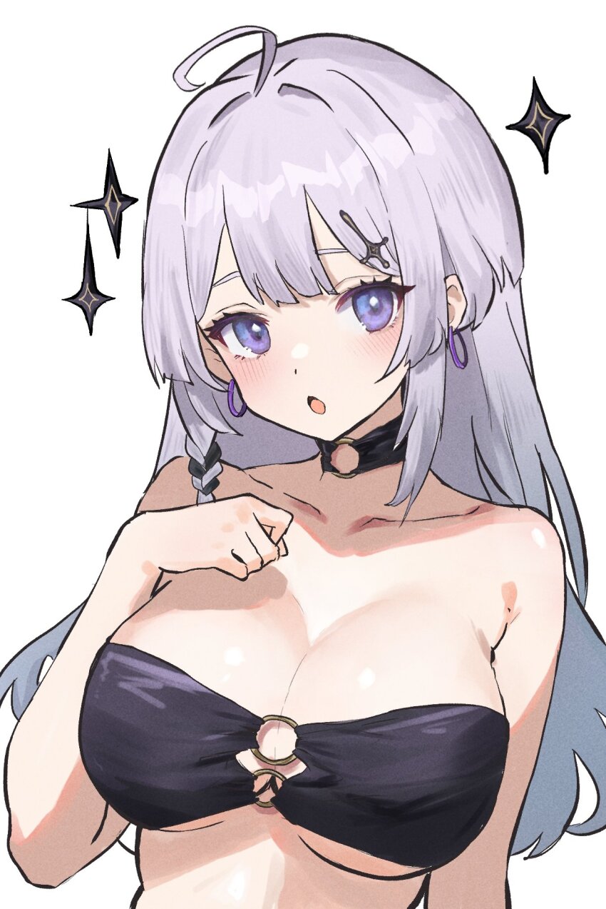 1girl, ahoge, asymmetrical_sidelocks, bikini, black_bikini, black_choker, black_hair, blush