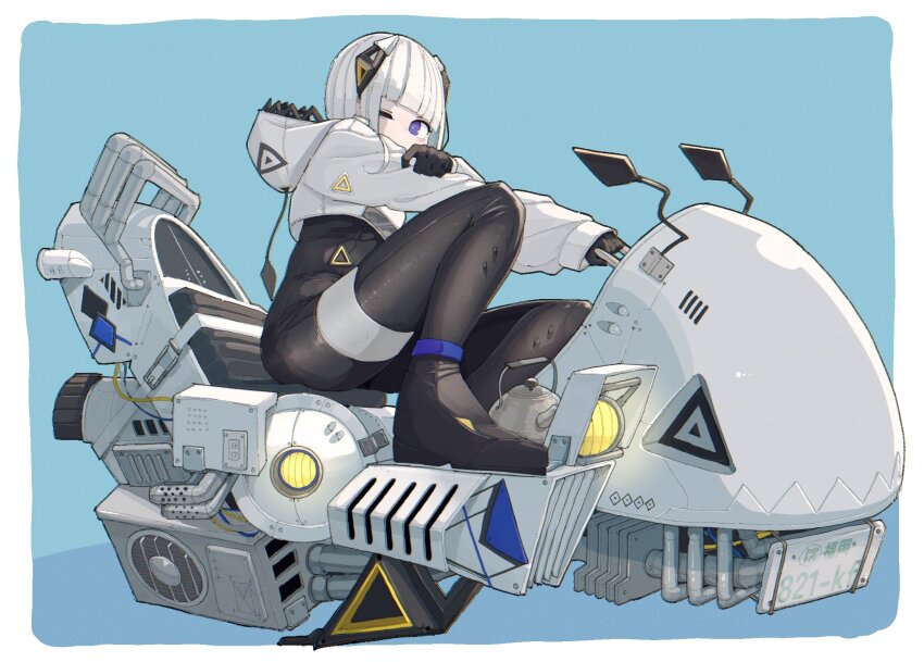 1girl, adapted_costume, animal-themed_vehicle, ankleband, biker_clothes, bikesuit, black_bodysuit, black_footwear, black_gloves, blue_background, blunt_bangs, bodysuit, bright_pupils, cable, cevio, commentary_request, covered_mouth, cropped_jacket, diamond_hair_ornament, exhaust_pipe, gloves, hand_on_own_arm, highres, hood, hood_down, hooded_jacket, hover_bike, hypnos_(cevio), jacket, kafu_(cevio), kamitsubaki_studio, kettle, knees_up, license_plate, long_sleeves, medium_hair, medium_request, miminushi, motorcycle, on_motorcycle, one_eye_closed, purple_eyes, rounded_corners, simple_background, sitting, solo, white_hair, white_pupils
