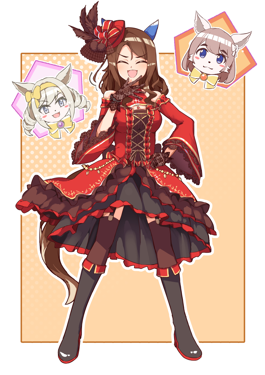 3girls, absurdres, bare_shoulders, black_boots, black_thighhighs, boots, brown_hair, cleavage_cutout