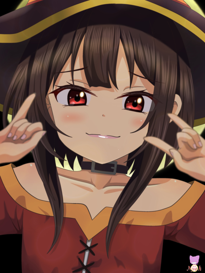 1girl, absurdres, bare_shoulders, brown_hair, hat, highres, kono_subarashii_sekai_ni_shukufuku_wo!, looking_at_viewer, medium_hair, megumin, nyahoekaki1, red_eyes, smile, solo