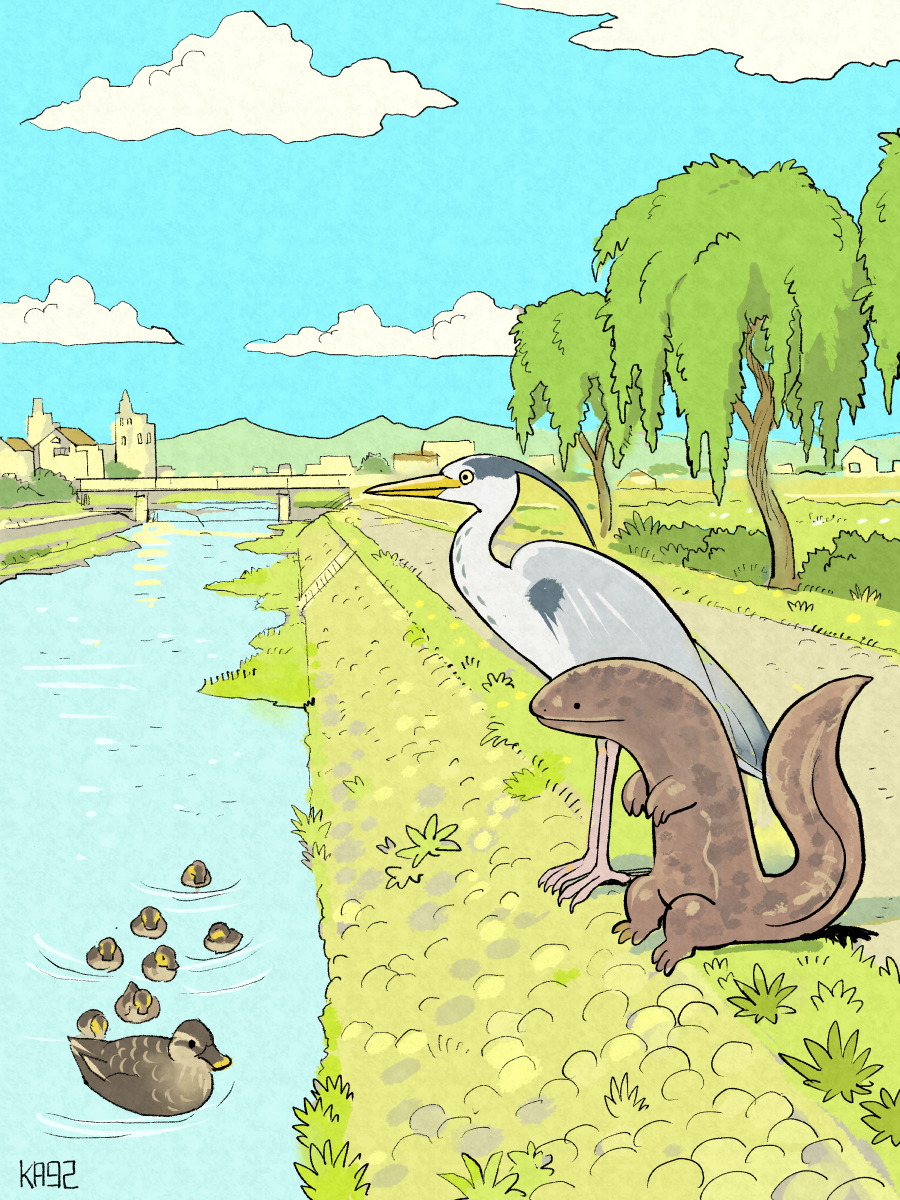 afloat, animal, baby_animal, bird, cloud, duck, duckling, giant_salamander, grey_heron, highres, ka92, no_humans, original, outdoors, signature, sky, tree, water