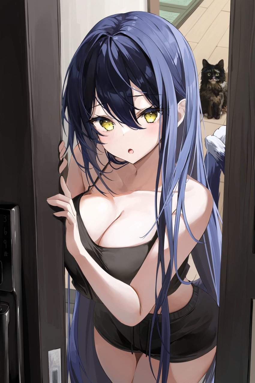 1girl, absurdres, animal, animal_ears, bare_arms, black_hair, black_tank_top, blush, breasts, cat, cat_ears, cat_tail, cleavage, collarbone, crop_top, door, door_lock, doorway, dot_nose, ears_visible_through_hair, eyelashes, hair_between_eyes, highres, indoors, kuro_(rudyan0128), large_breasts, leaning_forward, long_hair, looking_at_viewer, midriff, multiple_tails, open_door, open_mouth, original, parted_lips, pet, pov_doorway, raised_eyebrows, short_shorts, shorts, sitting, solo, solo_focus, swept_bangs, tail, tank_top, tatami, thick_eyelashes, thighs, very_long_hair, wooden_floor, yellow_eyes