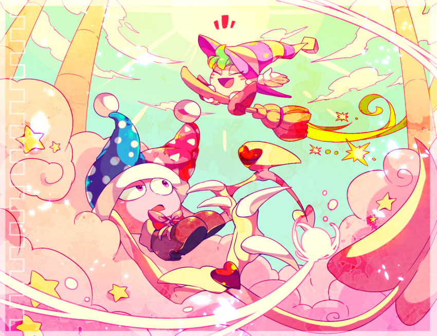 blonde_hair, blue_headwear, blue_sky, boots, bow, bowtie, broom, broom_riding