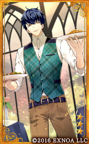 1boy, aqua_vest, belt, belt_buckle, black_belt, blue_hair, brown_pants, buckle, bungou_to_alchemist, card_(medium), collared_shirt, copyright_notice, cowboy_shot, crossed_bangs, dan_kazuo_(bungou_to_alchemist), flower, food, fried_rice, hair_between_eyes, holding, holding_plate, indoors, long_sleeves, looking_at_viewer, lowres, male_focus, official_art, pants, parted_lips, pink_flower, pink_rose, plaid_clothes, plaid_vest, plate, rose, salad, shirt, short_hair, sleeves_rolled_up, smile, solo, standing, table, tablecloth, tareme, teeth, tree, upper_teeth_only, vase, vest, wand3754, window, yellow_eyes