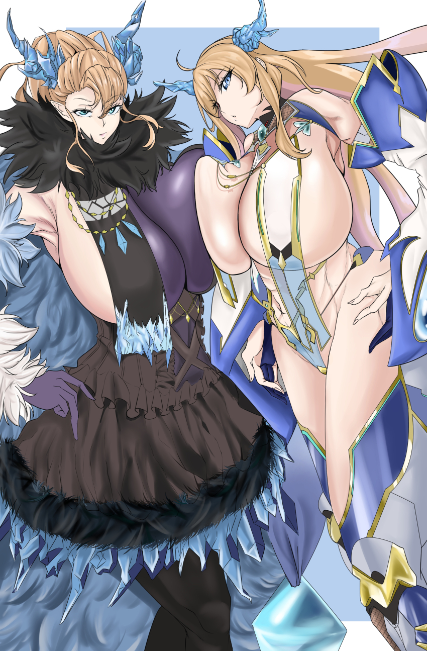 2girls, absurdres, alternate_form, asymmetrical_docking, black_dress, blonde_hair, blue_eyes, bonta, breast_press, breasts, breasts_squeezed_together, dress, fingernails, hair_down, hand_on_own_hip, heterochromia, highleg, highleg_leotard, highres, horns, huge_breasts, leotard, long_hair, looking_at_viewer, mother_and_child, mother_and_daughter, multiple_girls, onizaki_kirara, onizaki_kirara_(future), parent_and_child, ponytail, ragnarok_sinmara, red_eyes, taimanin_(series), taimanin_rpgx, take_your_pick, time_paradox, very_long_hair