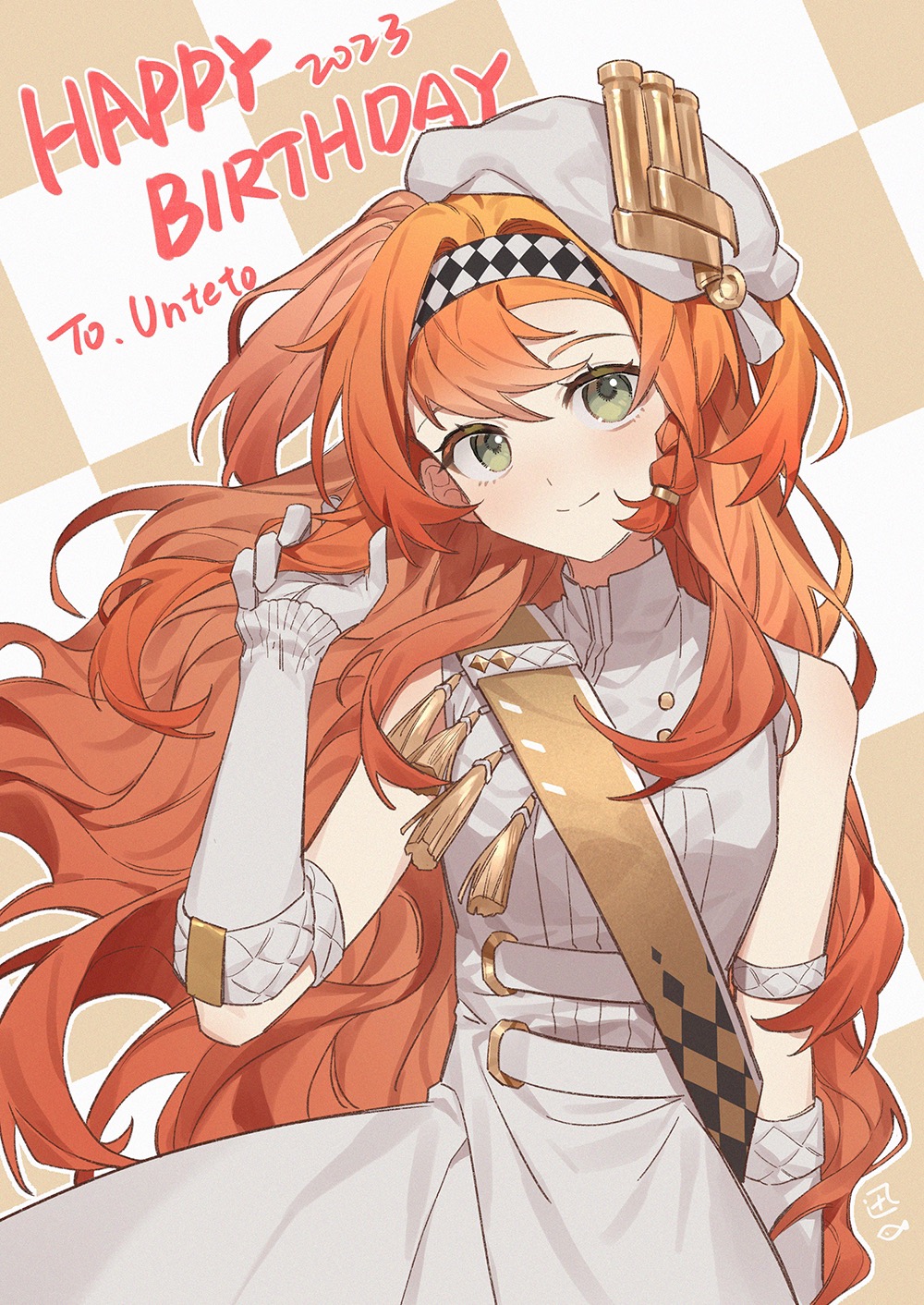 1girl, braid, brown_sash, checkered_background, checkered_hairband, chinese_commentary, closed_mouth, commentary_request