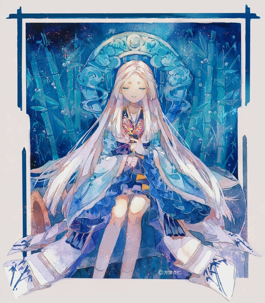 1girl, artist_name, bamboo, bamboo_forest, bare_shoulders, blue_background, blue_kimono, blunt_ends