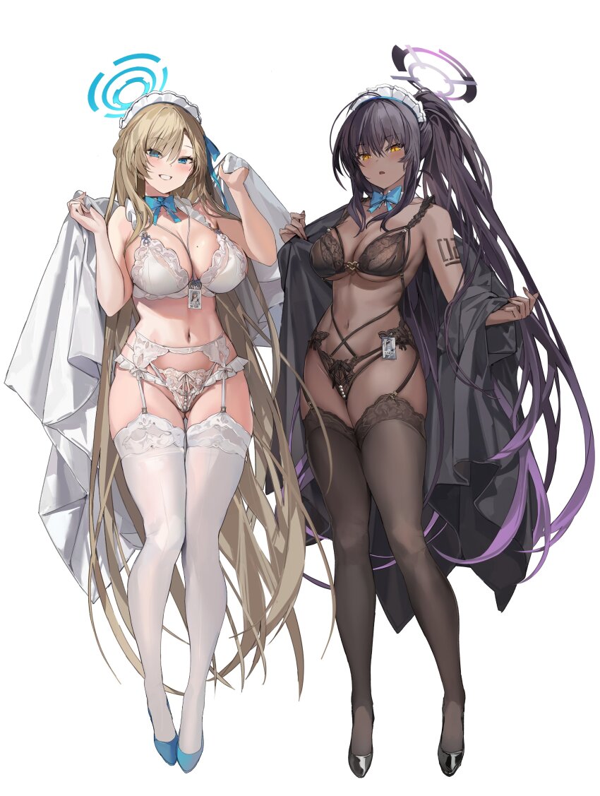 2girls, absurdres, arm_tattoo, asuna_(blue_archive), black_bra, black_footwear, black_hair, black_panties, black_thighhighs, black_vs_white, blue_archive, blue_bow, blue_bowtie, blue_eyes, blue_footwear, blue_halo, bow, bowtie, bra, breasts, brown_eyes, cleavage, dark-skinned_female, dark_skin, female_focus, full_body, garter_belt, garter_straps, halo, highres, karin_(blue_archive), large_breasts, lingerie, long_hair, looking_at_viewer, maid_headdress, mo:oku, mole, mole_on_breast, multiple_girls, navel, number_tattoo, panties, pearl_thong, ponytail, purple_halo, simple_background, stomach, tattoo, teeth, thighhighs, underboob, underwear, underwear_only, very_long_hair, white_background, white_bra, white_panties, white_thighhighs