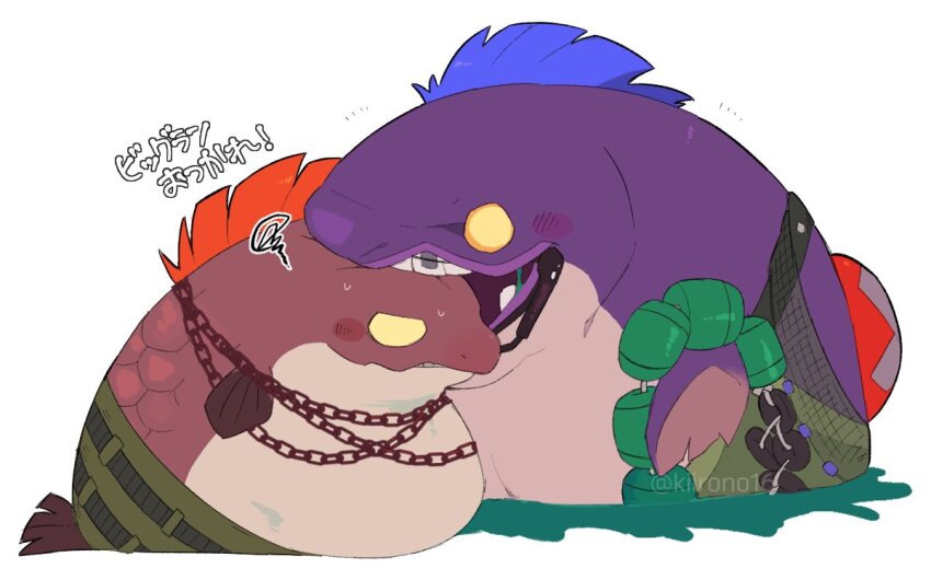 biting, blank_eyes, blue_hair, blush, braces, chain, cohozuna_(splatoon), kiirono