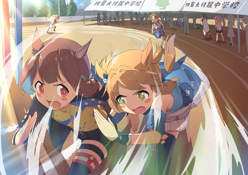 >_<, 6+girls, absurdres, air_shakur_(umamusume), air_shakur_(umamusume)_(cosplay), animal_ears, arm_warmers, asymmetrical_footwear, belt, black_footwear, black_gloves, black_jacket, black_pantyhose, black_ribbon, black_skirt, black_thighhighs, blue_hair, blush_stickers, bow, brown_eyes, brown_hair, clothing_cutout, colored_inner_hair, commentary, cosplay, ear_bow, ear_covers, ear_ornament, fang, gloves, green_eyes, green_sailor_collar, hair_ornament, hairband, heavy_breathing, highres, horse_ears, horse_girl, horse_tail, hozuki_kaede, hozuki_momiji, jacket, kaai_yuu, kemonomimi_mode, kouno_marika, lab_coat, long_hair, long_sleeves, meisho_doto_(umamusume), meisho_doto_(umamusume)_(cosplay), mismatched_footwear, motion_lines, multicolored_hair, multiple_girls, neck_ribbon, oka_asahi, onii-chan_wa_oshimai!, open_clothes, open_jacket, outdoors, oyama_mahiro, oyama_mihari, pantyhose, people, pink_hair, ponytail, racing, ribbon, sailor_collar, shiina_minori, shirt, shoes, short_hair, side_ponytail, sidelocks, silence_suzuka_(umamusume), silence_suzuka_(umamusume)_(cosplay), silhouette, skirt, speed_lines, sports_festival, star-shaped_pupils, star_(symbol), super_creek_(umamusume), super_creek_(umamusume)_(cosplay), symbol-shaped_pupils, tail, tail_through_clothes, thigh_strap, thighhighs, track_and_field, tsuda_minami, two-tone_hair, umamusume, very_long_hair, visible_air, voice_actor_connection, watada_misaki, white_footwear, wrist_cuffs, yellow_shirt, yuuki_kana_(voice_actor)