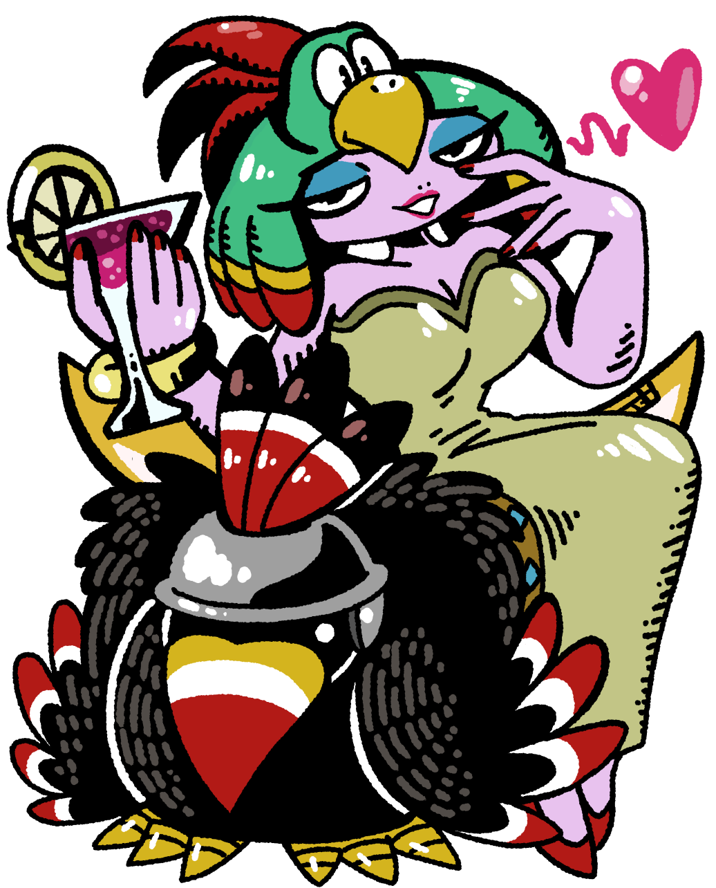 1girl, bird, cocktail_glass, colored_skin, cup, dodo_(super_mario_rpg), dress, drinking_glass