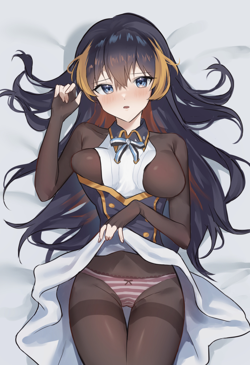 1girl, bed_sheet, black_hair, blonde_hair, blue_eyes, blush, bodystocking, bow