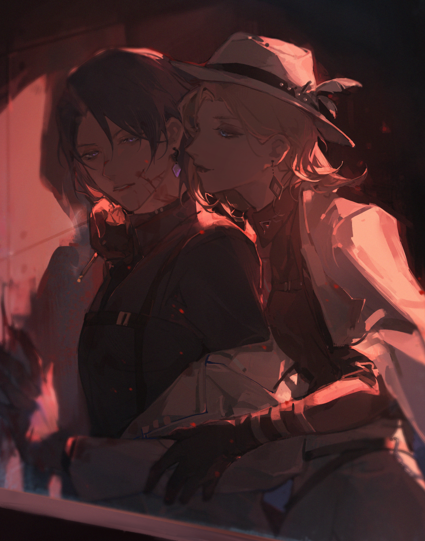 2girls, absurdres, black_gloves, black_hair, black_shirt, blonde_hair, blood, blood_on_face, blue_eyes, chief_(path_to_nowhere), cigarette, commentary_request, earrings, fedora, gjygyao, gloves, hat, hat_feather, highres, jacket, jacket_on_shoulders, jewelry, langley_(path_to_nowhere), long_sleeves, male_chief_(path_to_nowhere), medium_hair, multiple_girls, night, parted_lips, path_to_nowhere, purple_eyes, shadow, shirt, smoke, smoking, white_headwear, white_jacket, yuri