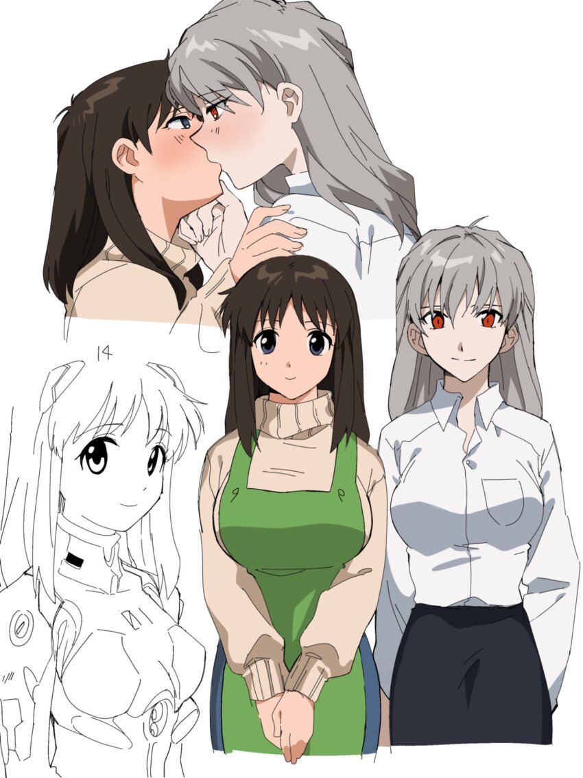 4zw89qkqagggcf7, blue_eyes, blush, brown_hair, commentary_request, couple, genderswap, genderswap_(mtf), grey_hair, highres, ikari_shinji, kiss, long_hair, mecha_pilot_suit, multiple_views, nagisa_kaworu, neon_genesis_evangelion, pilot_suit, plugsuit_(evangelion), rebuild_of_evangelion, red_eyes, shirt, smile, yuri