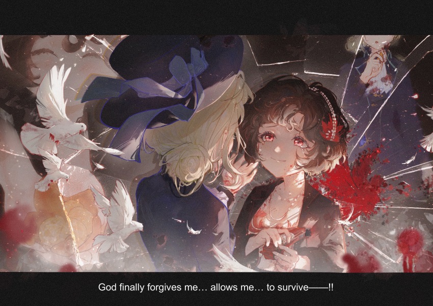 2girls, absurdres, at_gunpoint, bird, black_hair, black_headwear, black_jacket, bow