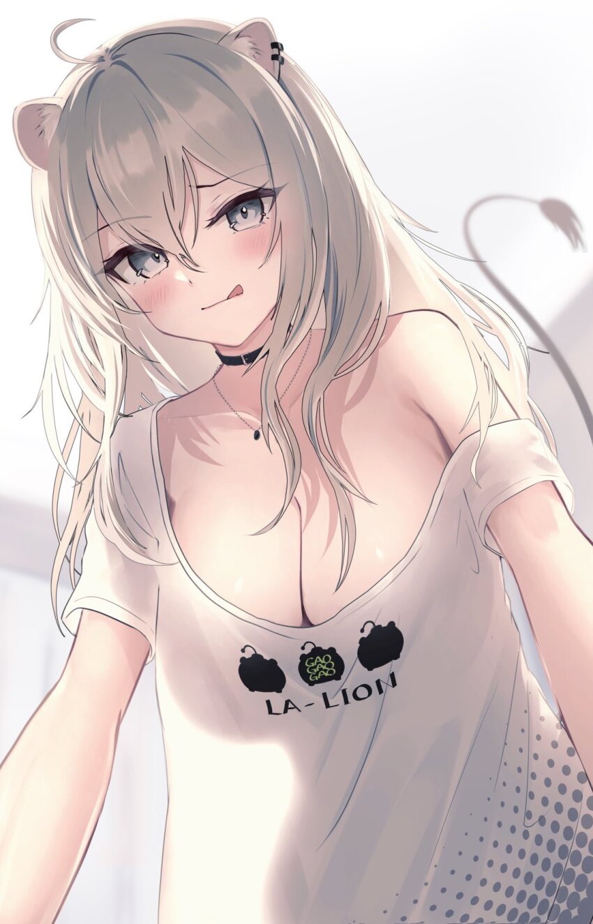 1girl, ahoge, animal_ear_fluff, animal_ear_piercing, animal_ears, black_choker, blush, breasts, choker, cleavage, closed_mouth, commentary, cowboy_shot, double-parted_bangs, from_below, grey_eyes, grey_hair, hair_between_eyes, highres, hololive, jewelry, large_breasts, licking_lips, lion_ears, long_hair, looking_at_viewer, mimiquilike, necklace, no_bra, official_alternate_costume, see-through_silhouette, shirt, shishiro_botan, shishiro_botan_(midnight_convenience_store), short_sleeves, single-shoulder_shirt, single_bare_shoulder, smirk, solo, tongue, tongue_out, virtual_youtuber, white_shirt