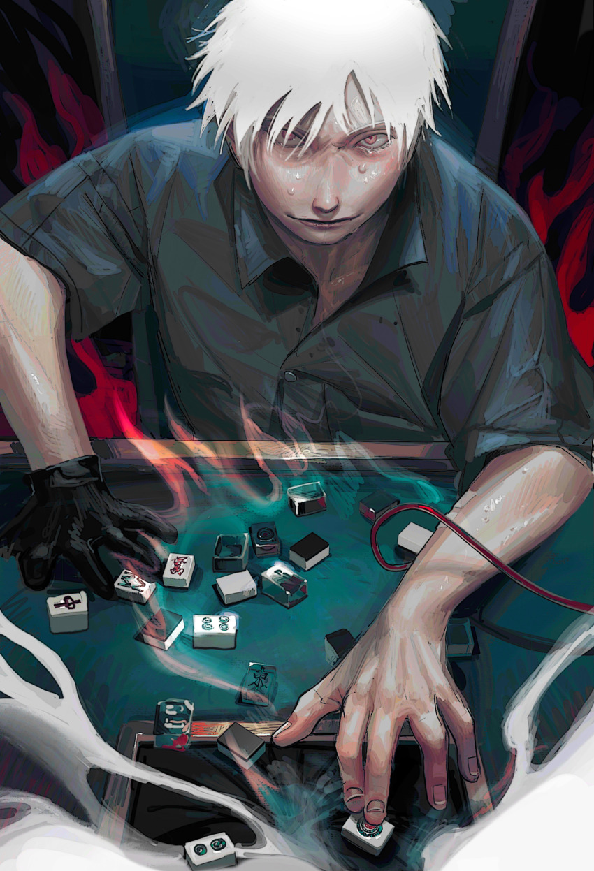 1boy, akagi:_yami_ni_oritatta_tensai, akagi_shigeru, black_gloves, blood, chair, closed_mouth, collared_shirt