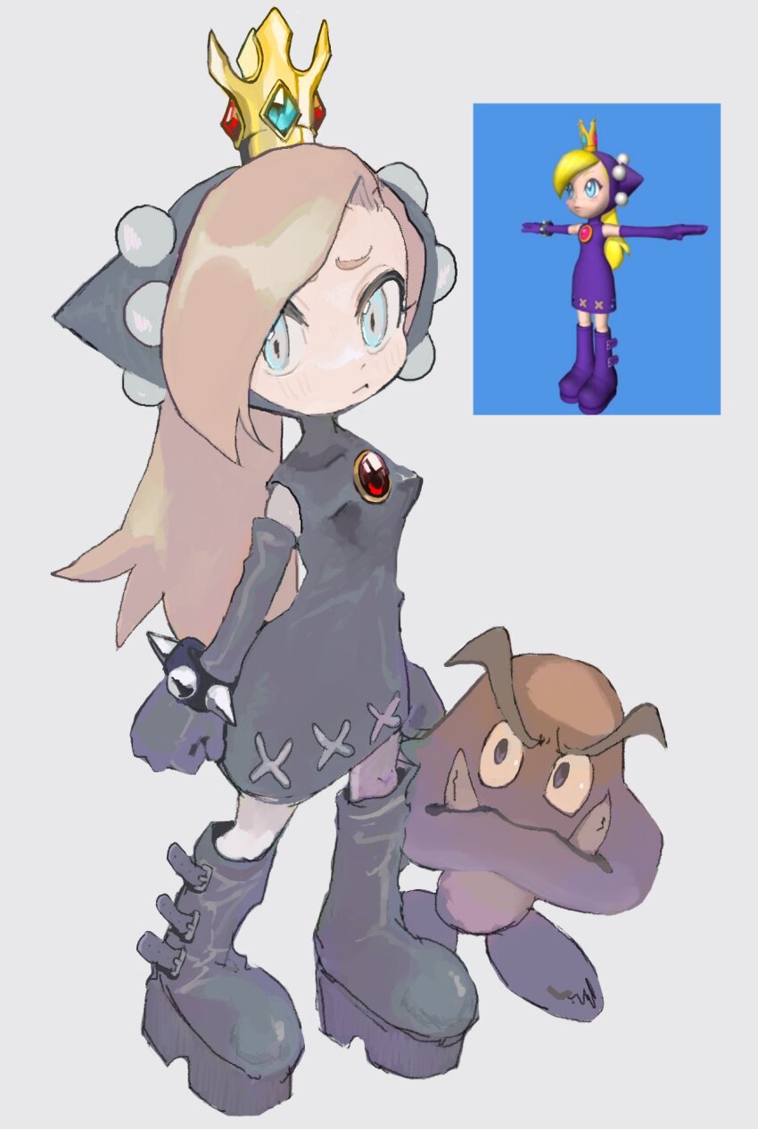 1girl, 3d, black_dress, black_footwear, black_gloves, blonde_hair, blue_eyes, boots, bracelet, breasts, closed_mouth, commentary_request, crown, dress, elbow_gloves, frown, full_body, gem, gloves, goomba, grey_background, highres, hood, hood_up, hooded_dress, jewelry, knee_boots, long_hair, looking_at_another, looking_at_viewer, mario_(series), mario_power_tennis, mario_tennis, ni_(nimame629), nintendo, red_gem, reference_inset, simple_background, small_breasts, spiked_bracelet, spikes, standing, warupeach