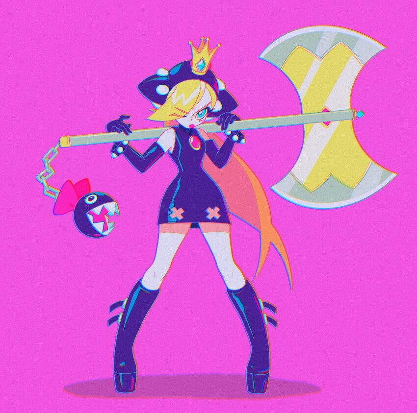1girl, ashleigh_hetrick, axe, bare_shoulders, black_boots, black_dress, black_gloves, blonde_hair, blue_eyes, boots, bow, bracelet, chain, character_request, chromatic_aberration, commentary, crown, dress, elbow_gloves, english_commentary, film_grain, full_body, gloves, hair_over_one_eye, hands_up, highres, holding, holding_axe, hood, hood_up, hooded_dress, jewelry, knee_boots, legs_apart, long_hair, looking_at_viewer, mario_(series), mario_power_tennis, mario_tennis, mini_crown, nintendo, pink_background, pink_bow, sharp_teeth, solo, spiked_bracelet, spikes, standing, teeth, tongue, tongue_out, v-shaped_eyebrows, warupeach