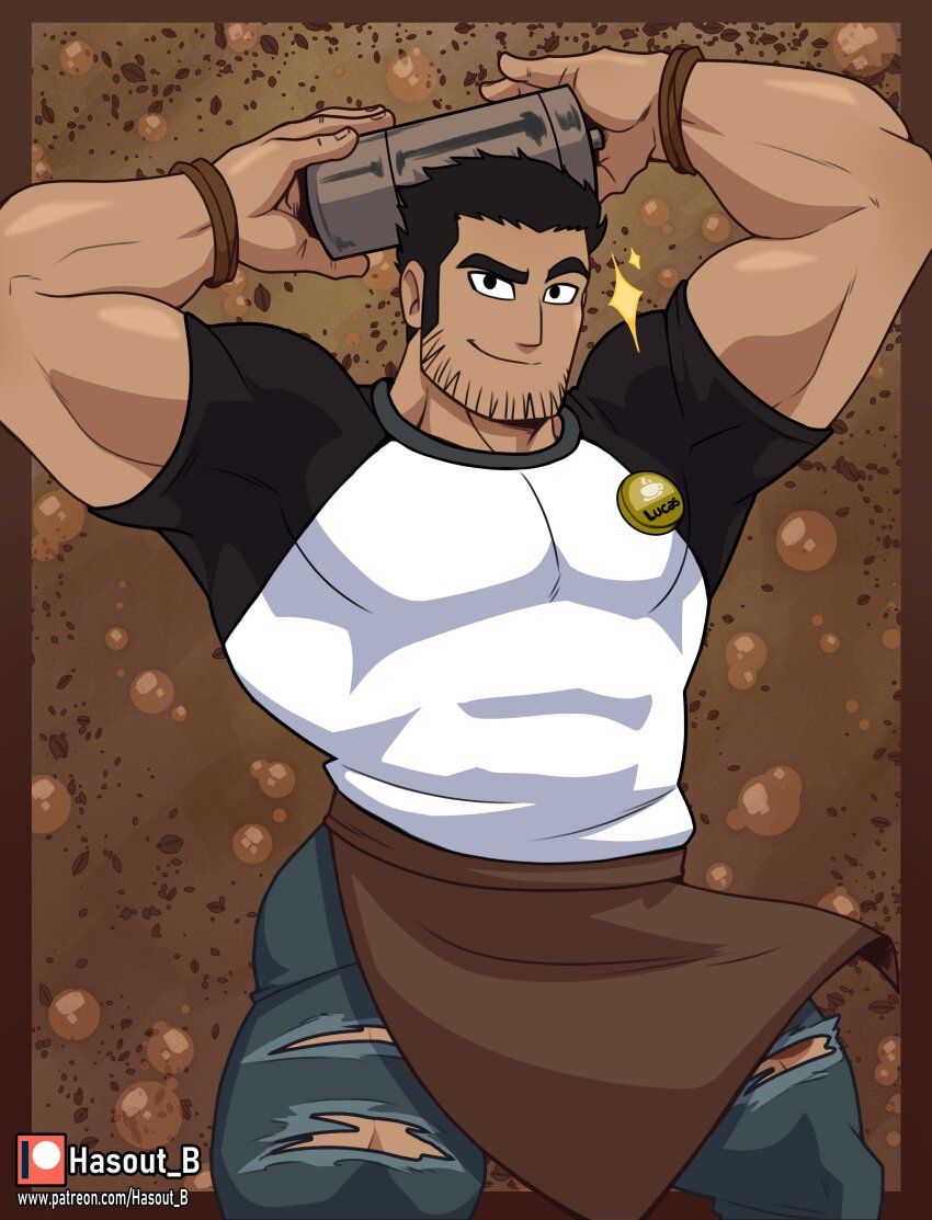 1boy, absurdres, apron, arms_up, arts_of_hasarath, bara, barista, beard_stubble