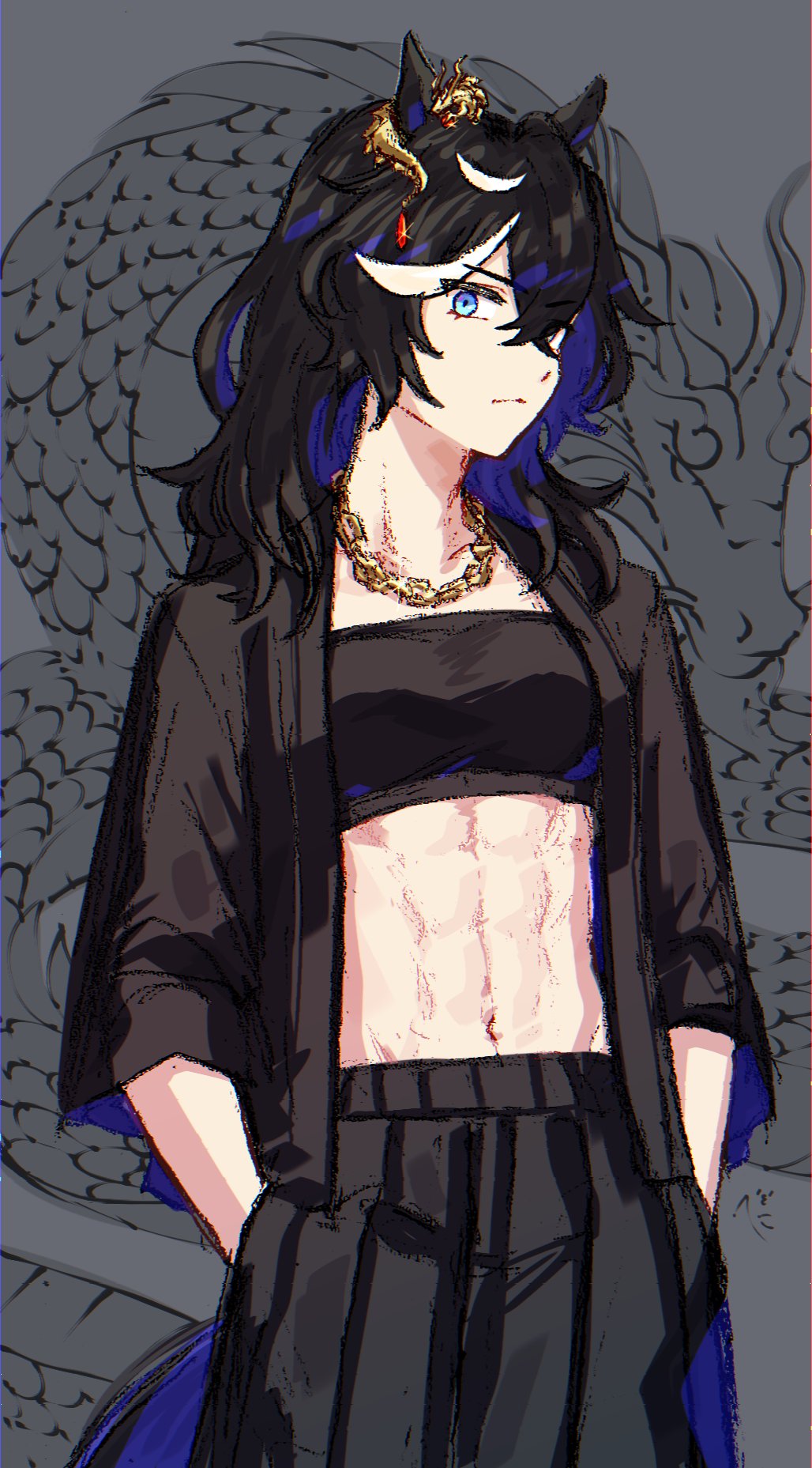1girl, abs, alternate_costume, alternate_hairstyle, animal_ears, black_hair, black_jacket, black_pants