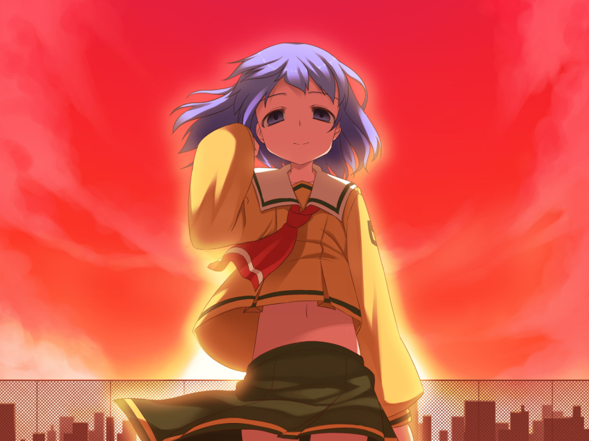 1girl, aquaplus_(company), blue_eyes, blue_hair, dusk, empty_eyes, female_focus, highres