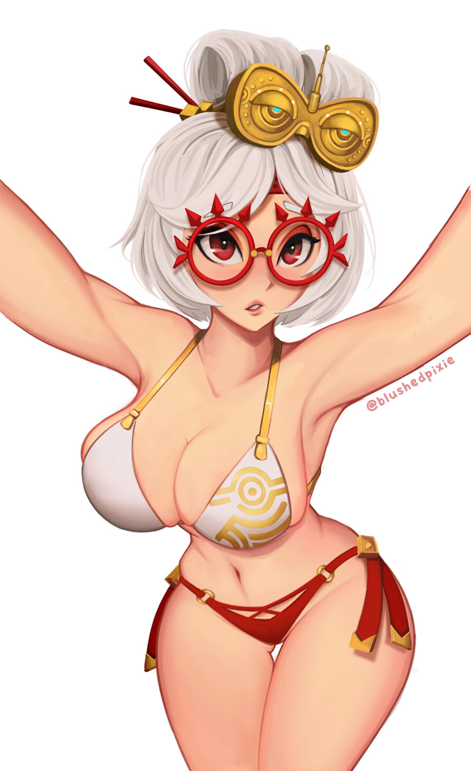 bikini, blushedpixie, breasts, cleavage, eyeshadow, glasses, highres, large_breasts, looking_at_viewer, makeup, nintendo, purah, swimsuit, the_legend_of_zelda, the_legend_of_zelda:_tears_of_the_kingdom, white_hair