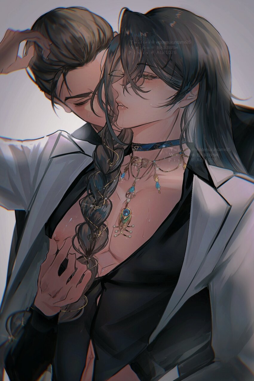 2boys, acai, choker, closed_eyes, code:_kite, formal_clothes, from_side, hair_down, hair_ornament, hair_tie, half_updo, highres, jacket, long_hair, long_sleeves, male_focus, multi-tied_hair, multiple_boys, nipple_press, nipple_rub, nipple_stimulation, nipples, peacock_feathers, peacock_feathers_hair_ornament, peacock_feathers_necklace, profile, spread_nipple, suit, sweat, wen_chou_(code:_kite), white_jacket, yan_liang_(code:_kite), yaoi