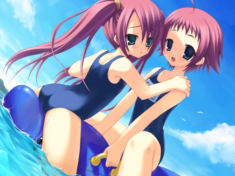 2girls, ahoge, aqua_eyes, arched_back, ass, beach, blue_eyes, blue_one-piece_swimsuit, chestnut_mouth, cowboy_shot, day, dutch_angle, female_focus, green_eyes, hajimete_no_otetsudai, loli, long_hair, looking_at_viewer, multiple_girls, naruse_ayuka, naruse_mayuka, ocean, one-piece_swimsuit, open_mouth, pink_hair, purple_hair, school_swimsuit, short_hair, siblings, sin-go, sisters, swimsuit, tareme, twins, twintails, wading, water