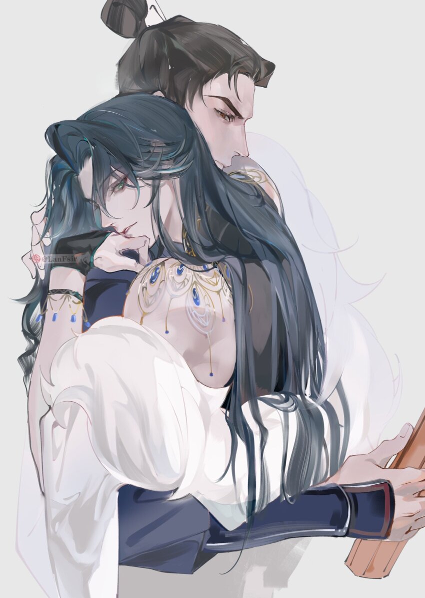 2boys, bishounen, blue_hair, brown_eyes, brown_hair, chinese_clothes, code:_kite, dark_blue_hair, feather_boa, hair_bun, hair_down, hanfu, highres, hug, lanfsir, long_hair, long_sleeves, looking_at_viewer, multiple_boys, peacock_feathers, simple_background, upper_body, wen_chou_(code:_kite), yan_liang_(code:_kite), yaoi